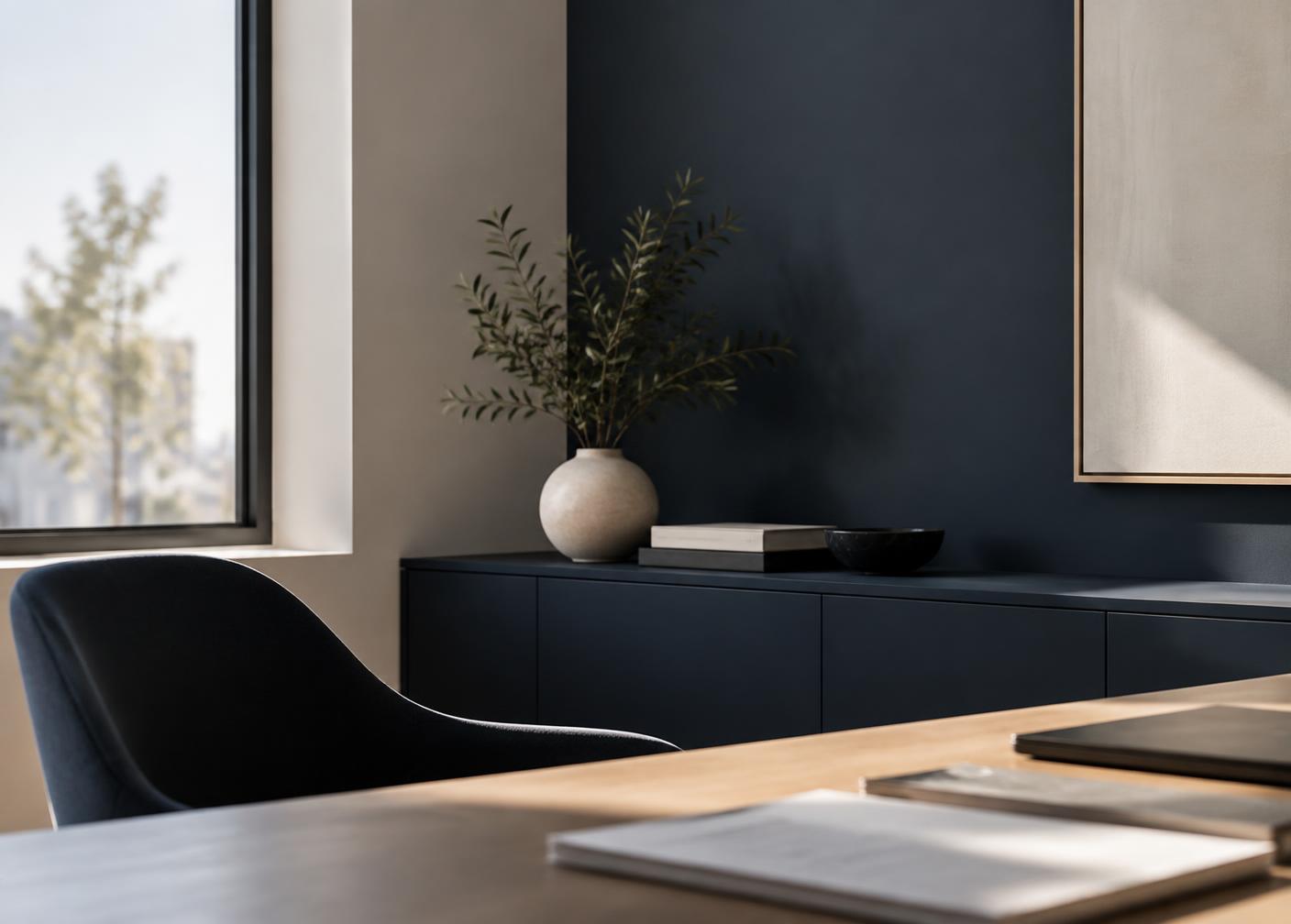 Ambiente de escritório contemporâneo em tons de azul-marinho e off-white
